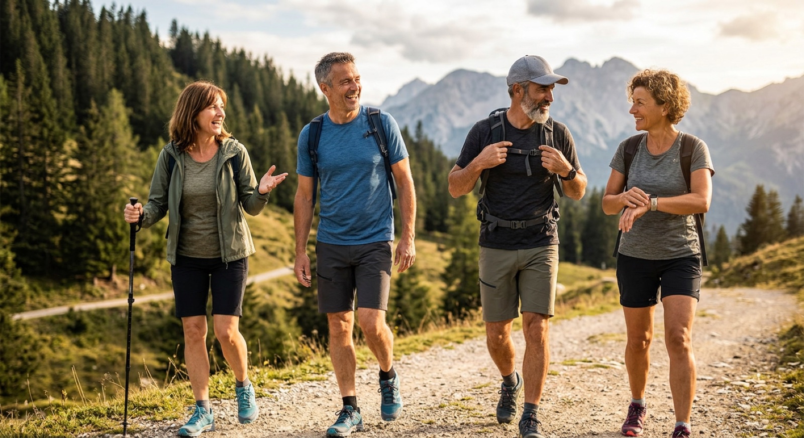 Active adults hiking outdoors together, staying strong and healthy